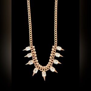 Gold Toned Rhinestone Hanging Spike Charm Necklace 22” Vintage